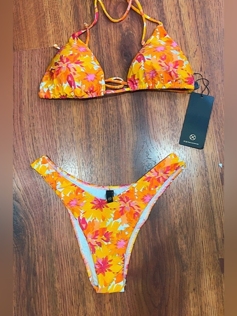 NWT VIX Paula Hermanny Floral Bikini Set M Brazilian Cut bottom Gold Accent